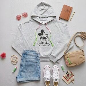 Disney Mickey Mouse Hoodie Juniors L 11-13 Heather Gray Neon Ombre Drawstring